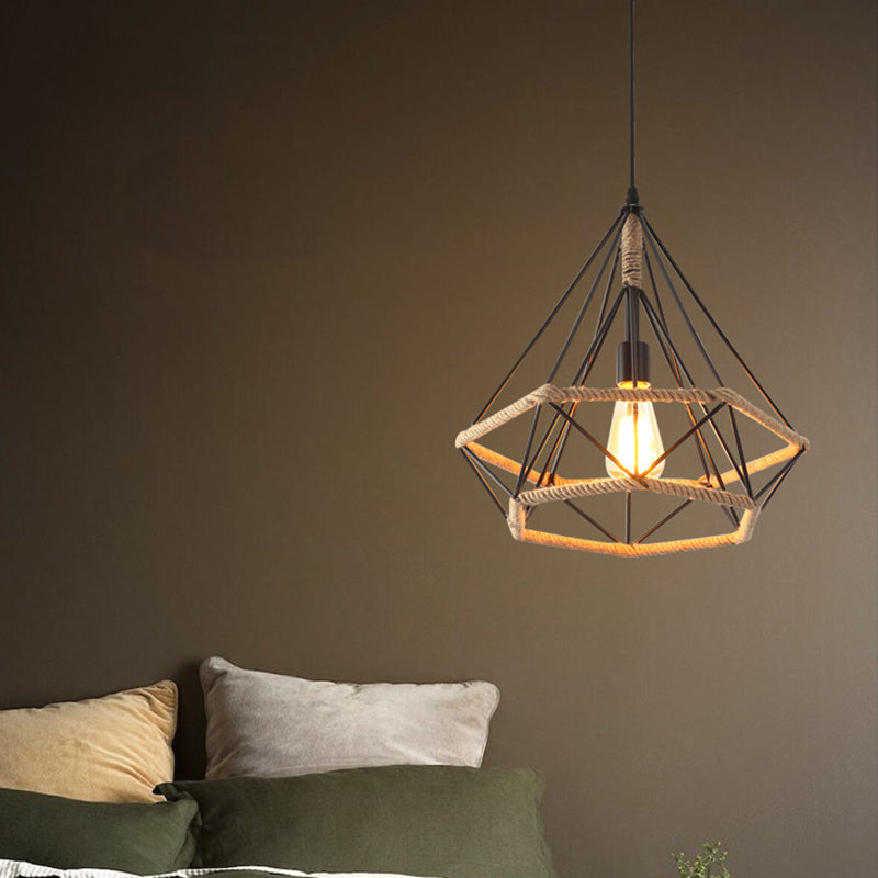 Flaxen Single-Bulb Hanging Lamp Industrial Style Hemp Rope Caged Lighting Pendant Flaxen D Clearhalo 'Ceiling Lights' 'Industrial Pendants' 'Industrial' 'Middle Century Pendants' 'Pendant Lights' 'Pendants' 'Tiffany' Lighting' 2227717