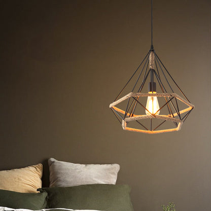 Flaxen Single-Bulb Hanging Lamp Industrial Style Hemp Rope Caged Lighting Pendant Flaxen D Clearhalo 'Ceiling Lights' 'Industrial Pendants' 'Industrial' 'Middle Century Pendants' 'Pendant Lights' 'Pendants' 'Tiffany' Lighting' 2227717