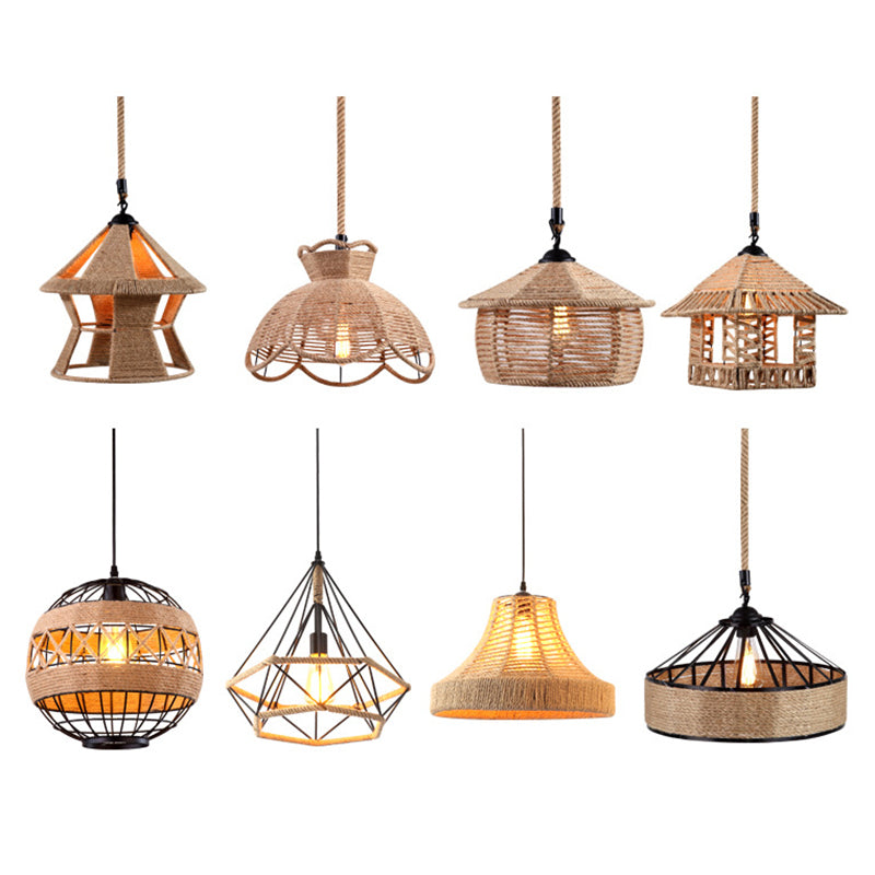 Flaxen Single-Bulb Hanging Lamp Industrial Style Hemp Rope Caged Lighting Pendant Clearhalo 'Ceiling Lights' 'Industrial Pendants' 'Industrial' 'Middle Century Pendants' 'Pendant Lights' 'Pendants' 'Tiffany' Lighting' 2227718