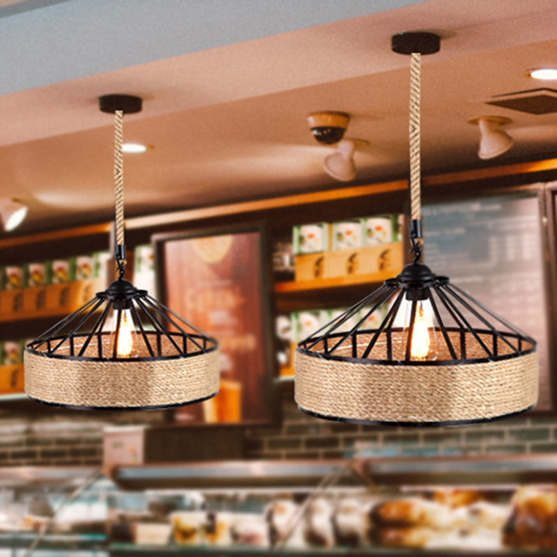 Flaxen Single-Bulb Hanging Lamp Industrial Style Hemp Rope Caged Lighting Pendant Flaxen A Clearhalo 'Ceiling Lights' 'Industrial Pendants' 'Industrial' 'Middle Century Pendants' 'Pendant Lights' 'Pendants' 'Tiffany' Lighting' 2227719