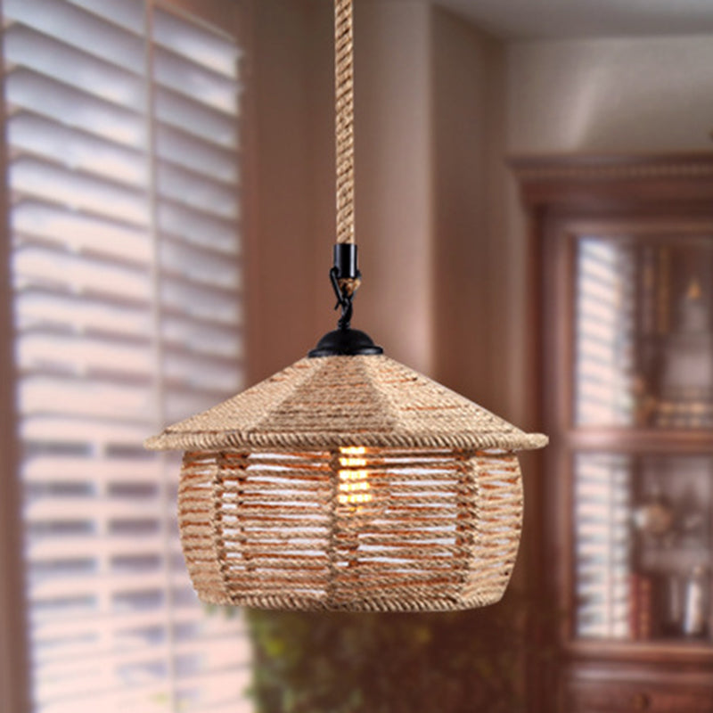 Flaxen Single-Bulb Hanging Lamp Industrial Style Hemp Rope Caged Lighting Pendant Flaxen H Clearhalo 'Ceiling Lights' 'Industrial Pendants' 'Industrial' 'Middle Century Pendants' 'Pendant Lights' 'Pendants' 'Tiffany' Lighting' 2227721