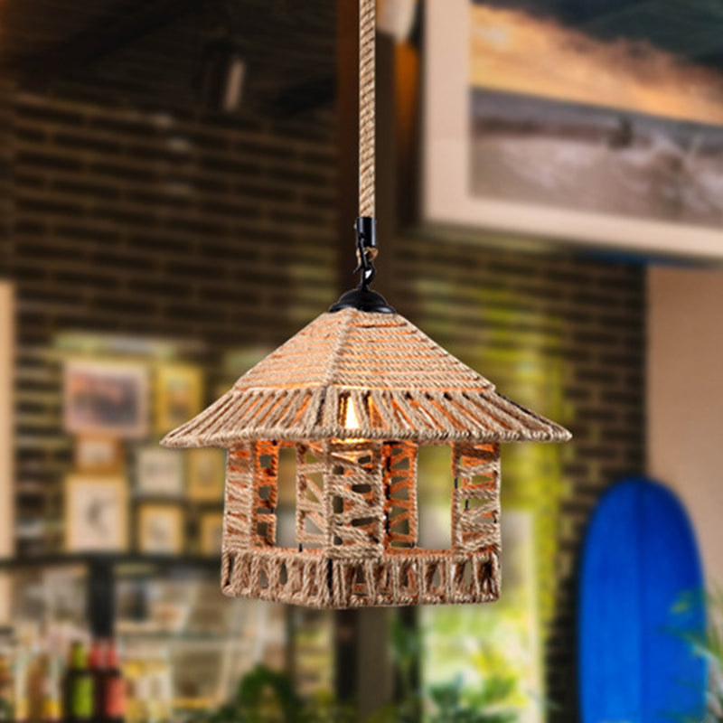 Flaxen Single-Bulb Hanging Lamp Industrial Style Hemp Rope Caged Lighting Pendant Flaxen G Clearhalo 'Ceiling Lights' 'Industrial Pendants' 'Industrial' 'Middle Century Pendants' 'Pendant Lights' 'Pendants' 'Tiffany' Lighting' 2227723