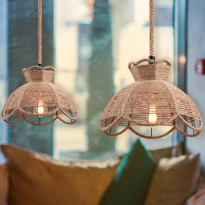 Flaxen Single-Bulb Hanging Lamp Industrial Style Hemp Rope Caged Lighting Pendant Flaxen E Clearhalo 'Ceiling Lights' 'Industrial Pendants' 'Industrial' 'Middle Century Pendants' 'Pendant Lights' 'Pendants' 'Tiffany' Lighting' 2227724