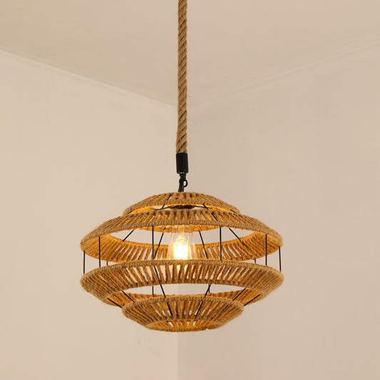 Antique Caged Pendant Light 1-Light Hemp Rope Lighting Pendant in Brown for Restaurant Brown F Clearhalo 'Ceiling Lights' 'Industrial Pendants' 'Industrial' 'Middle Century Pendants' 'Pendant Lights' 'Pendants' 'Tiffany' Lighting' 2227733