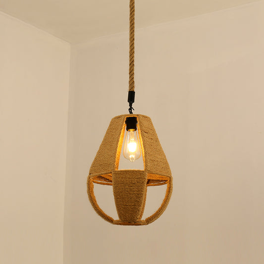 Antique Caged Pendant Light 1-Light Hemp Rope Lighting Pendant in Brown for Restaurant Brown J Clearhalo 'Ceiling Lights' 'Industrial Pendants' 'Industrial' 'Middle Century Pendants' 'Pendant Lights' 'Pendants' 'Tiffany' Lighting' 2227738