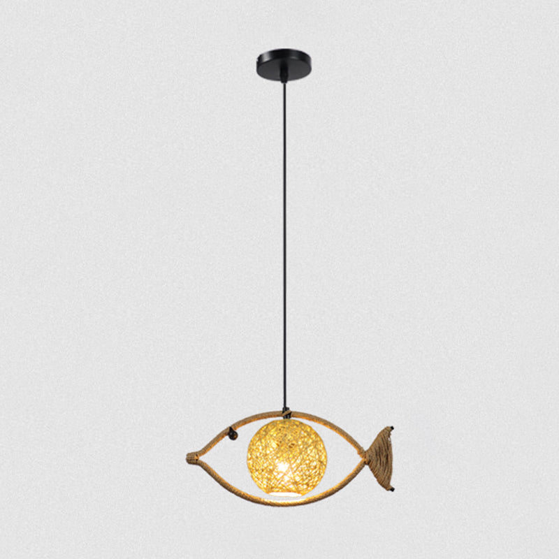 Hemp Rope Fish Suspension Lighting Retro Restaurant Pendant Ceiling Light with Globe Rattan Shade in Brown 1 Brown Clearhalo 'Ceiling Lights' 'Industrial Pendants' 'Industrial' 'Middle Century Pendants' 'Pendant Lights' 'Pendants' 'Tiffany' Lighting' 2227750