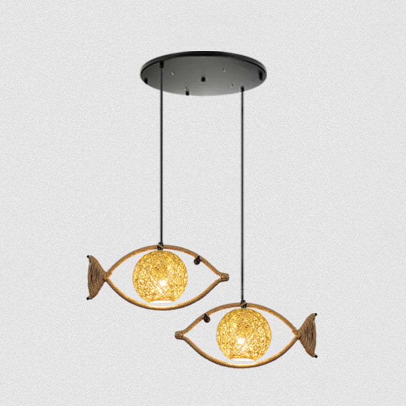 Hemp Rope Fish Suspension Lighting Retro Restaurant Pendant Ceiling Light with Globe Rattan Shade in Brown 2 Brown Clearhalo 'Ceiling Lights' 'Industrial Pendants' 'Industrial' 'Middle Century Pendants' 'Pendant Lights' 'Pendants' 'Tiffany' Lighting' 2227751