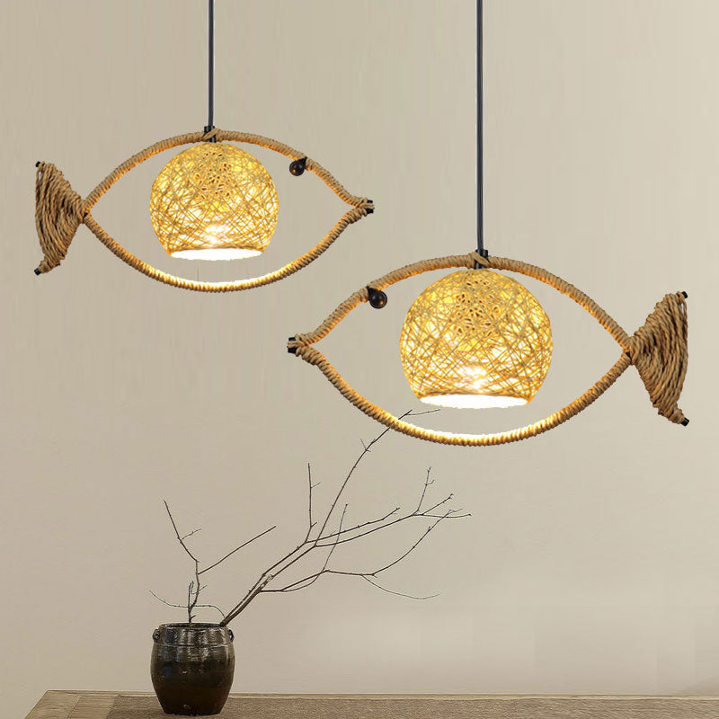 Hemp Rope Fish Suspension Lighting Retro Restaurant Pendant Ceiling Light with Globe Rattan Shade in Brown Clearhalo 'Ceiling Lights' 'Industrial Pendants' 'Industrial' 'Middle Century Pendants' 'Pendant Lights' 'Pendants' 'Tiffany' Lighting' 2227752