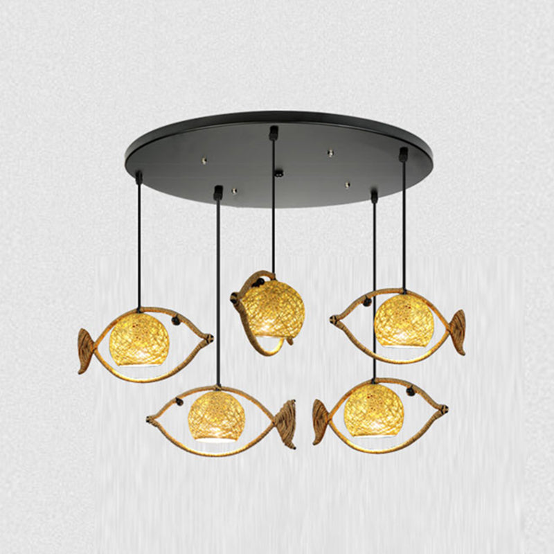 Hemp Rope Fish Suspension Lighting Retro Restaurant Pendant Ceiling Light with Globe Rattan Shade in Brown 5 Brown Clearhalo 'Ceiling Lights' 'Industrial Pendants' 'Industrial' 'Middle Century Pendants' 'Pendant Lights' 'Pendants' 'Tiffany' Lighting' 2227753