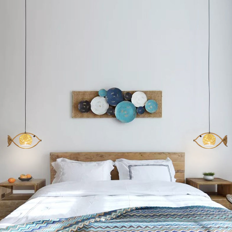 Hemp Rope Fish Suspension Lighting Retro Restaurant Pendant Ceiling Light with Globe Rattan Shade in Brown Clearhalo 'Ceiling Lights' 'Industrial Pendants' 'Industrial' 'Middle Century Pendants' 'Pendant Lights' 'Pendants' 'Tiffany' Lighting' 2227754