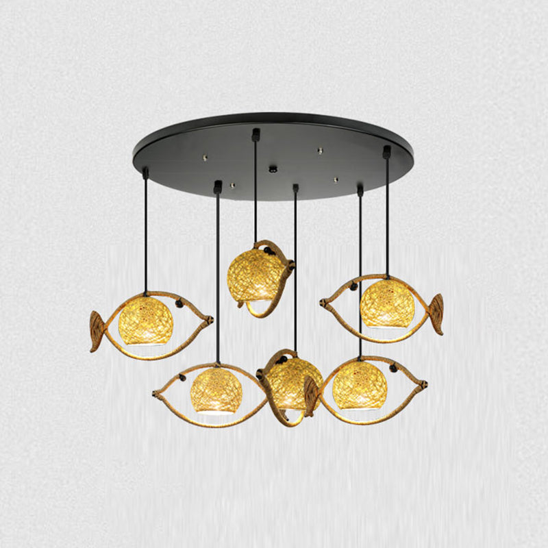 Hemp Rope Fish Suspension Lighting Retro Restaurant Pendant Ceiling Light with Globe Rattan Shade in Brown 6 Brown Clearhalo 'Ceiling Lights' 'Industrial Pendants' 'Industrial' 'Middle Century Pendants' 'Pendant Lights' 'Pendants' 'Tiffany' Lighting' 2227755