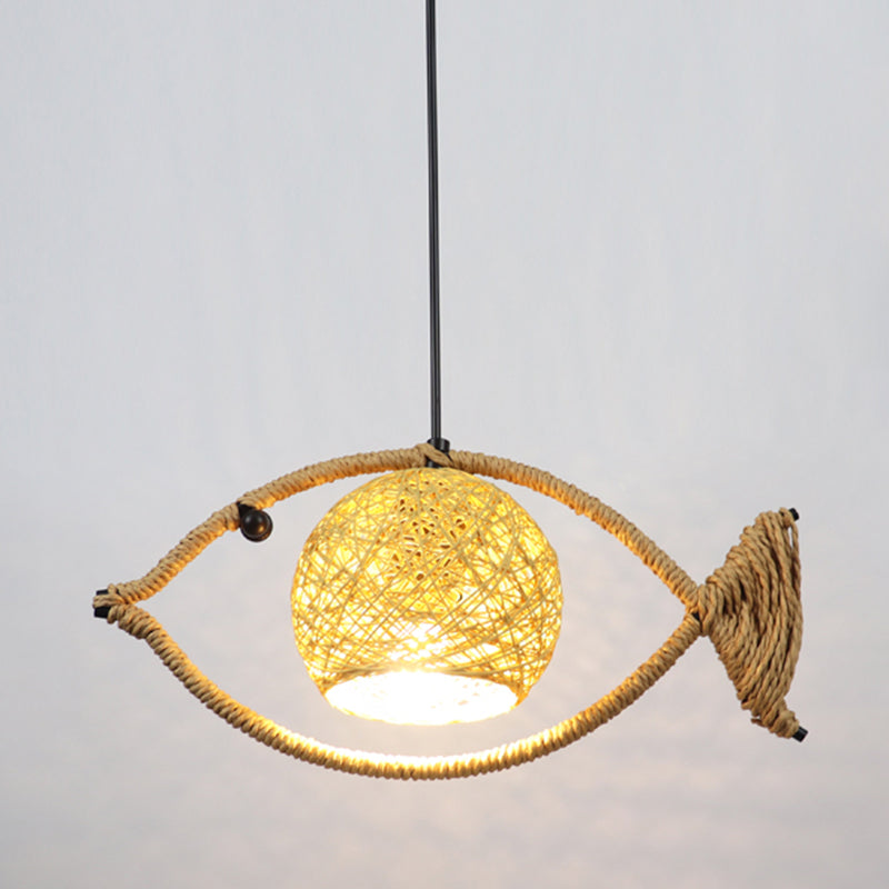 Hemp Rope Fish Suspension Lighting Retro Restaurant Pendant Ceiling Light with Globe Rattan Shade in Brown Clearhalo 'Ceiling Lights' 'Industrial Pendants' 'Industrial' 'Middle Century Pendants' 'Pendant Lights' 'Pendants' 'Tiffany' Lighting' 2227756