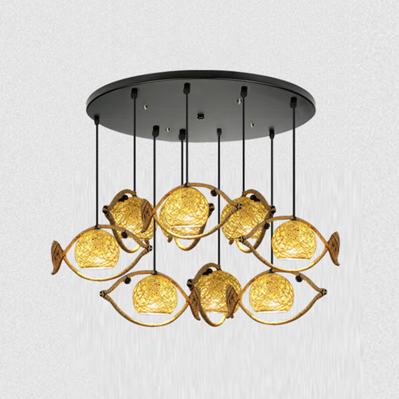 Hemp Rope Fish Suspension Lighting Retro Restaurant Pendant Ceiling Light with Globe Rattan Shade in Brown 8 Brown Clearhalo 'Ceiling Lights' 'Industrial Pendants' 'Industrial' 'Middle Century Pendants' 'Pendant Lights' 'Pendants' 'Tiffany' Lighting' 2227757