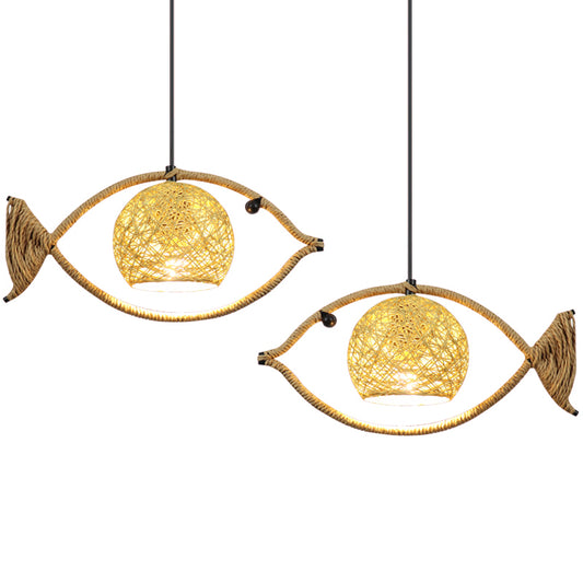 Hemp Rope Fish Suspension Lighting Retro Restaurant Pendant Ceiling Light with Globe Rattan Shade in Brown Clearhalo 'Ceiling Lights' 'Industrial Pendants' 'Industrial' 'Middle Century Pendants' 'Pendant Lights' 'Pendants' 'Tiffany' Lighting' 2227758