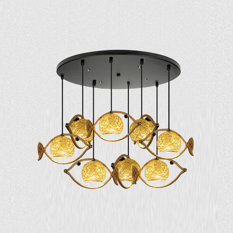 Hemp Rope Fish Suspension Lighting Retro Restaurant Pendant Ceiling Light with Globe Rattan Shade in Brown 9 Brown Clearhalo 'Ceiling Lights' 'Industrial Pendants' 'Industrial' 'Middle Century Pendants' 'Pendant Lights' 'Pendants' 'Tiffany' Lighting' 2227759