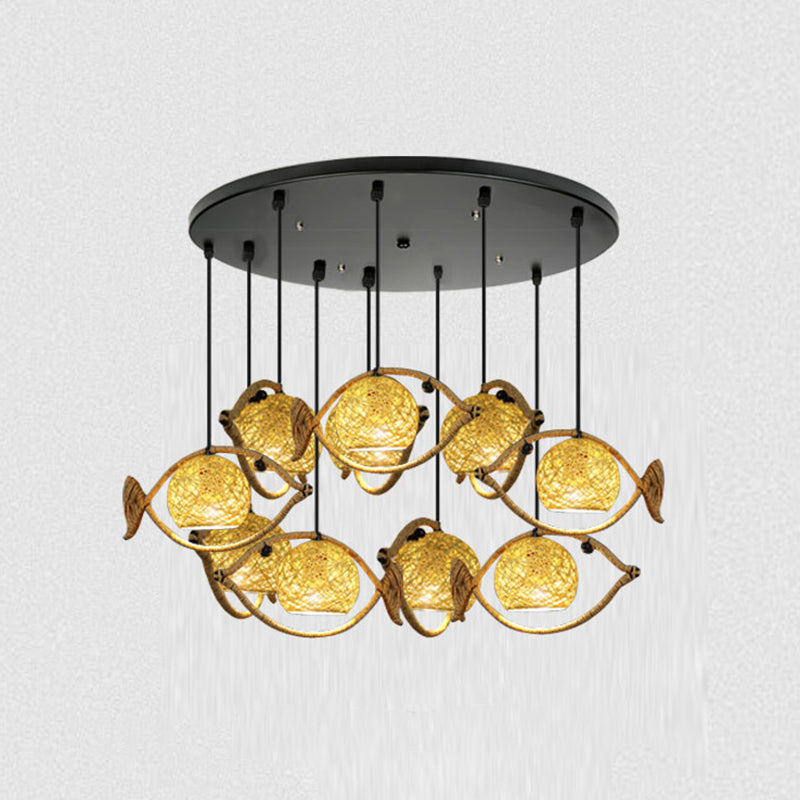 Hemp Rope Fish Suspension Lighting Retro Restaurant Pendant Ceiling Light with Globe Rattan Shade in Brown 10 Brown Clearhalo 'Ceiling Lights' 'Industrial Pendants' 'Industrial' 'Middle Century Pendants' 'Pendant Lights' 'Pendants' 'Tiffany' Lighting' 2227760