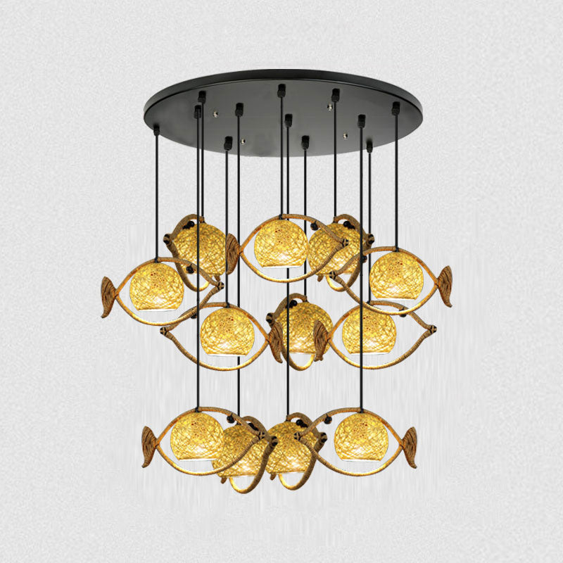 Hemp Rope Fish Suspension Lighting Retro Restaurant Pendant Ceiling Light with Globe Rattan Shade in Brown 12 Brown Clearhalo 'Ceiling Lights' 'Industrial Pendants' 'Industrial' 'Middle Century Pendants' 'Pendant Lights' 'Pendants' 'Tiffany' Lighting' 2227761