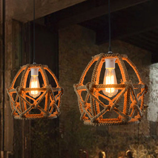 Globe Cage Hemp Rope Pendant Light Antique 1-Light Restaurant Hanging Light Fixture in Brown Clearhalo 'Ceiling Lights' 'Industrial Pendants' 'Industrial' 'Middle Century Pendants' 'Pendant Lights' 'Pendants' 'Tiffany' Lighting' 2227777