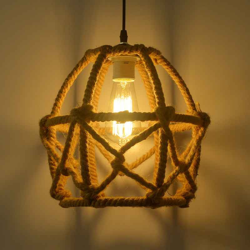Globe Cage Hemp Rope Pendant Light Antique 1-Light Restaurant Hanging Light Fixture in Brown Clearhalo 'Ceiling Lights' 'Industrial Pendants' 'Industrial' 'Middle Century Pendants' 'Pendant Lights' 'Pendants' 'Tiffany' Lighting' 2227779