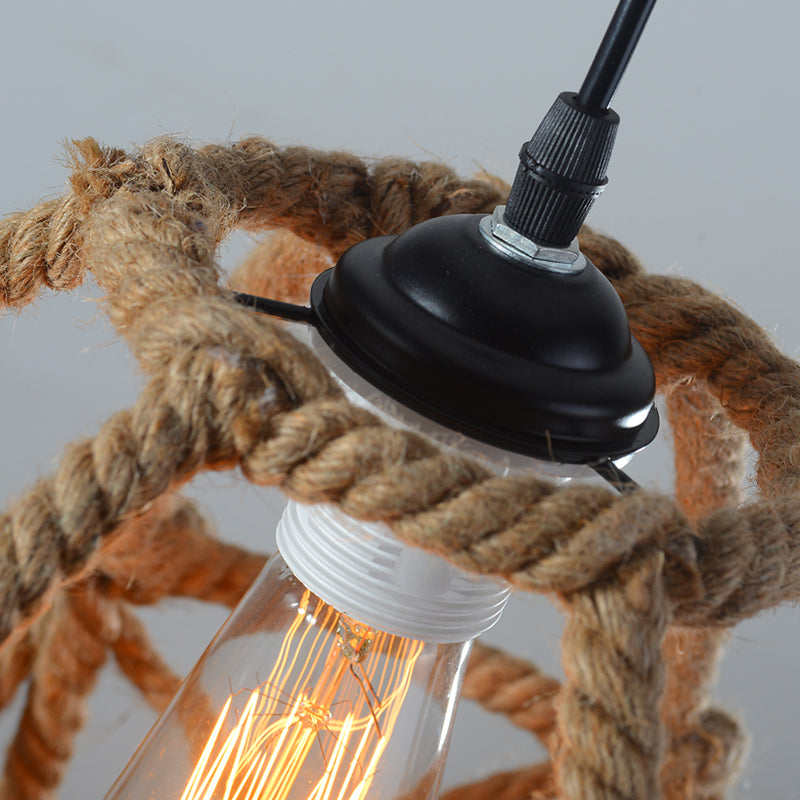 Globe Cage Hemp Rope Pendant Light Antique 1-Light Restaurant Hanging Light Fixture in Brown Clearhalo 'Ceiling Lights' 'Industrial Pendants' 'Industrial' 'Middle Century Pendants' 'Pendant Lights' 'Pendants' 'Tiffany' Lighting' 2227780