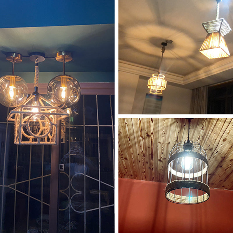 Hemp Rope Caged Hanging Light Rustic 1��Bulb Restaurant Pendant Light Fixture in Brown Clearhalo 'Ceiling Lights' 'Industrial Pendants' 'Industrial' 'Middle Century Pendants' 'Pendant Lights' 'Pendants' 'Tiffany' Lighting' 2227782