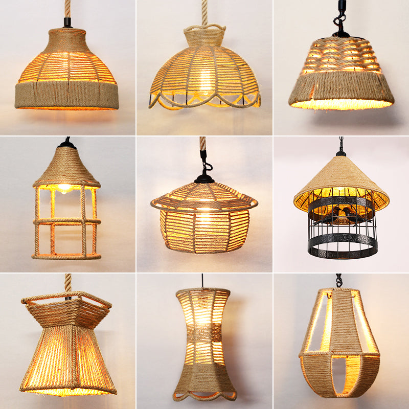 Hemp Rope Caged Hanging Light Rustic 1��Bulb Restaurant Pendant Light Fixture in Brown Clearhalo 'Ceiling Lights' 'Industrial Pendants' 'Industrial' 'Middle Century Pendants' 'Pendant Lights' 'Pendants' 'Tiffany' Lighting' 2227784