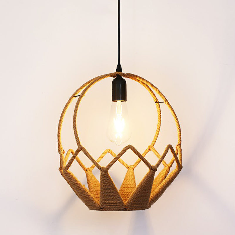Hemp Rope Caged Hanging Light Rustic 1��Bulb Restaurant Pendant Light Fixture in Brown Brown L Clearhalo 'Ceiling Lights' 'Industrial Pendants' 'Industrial' 'Middle Century Pendants' 'Pendant Lights' 'Pendants' 'Tiffany' Lighting' 2227785