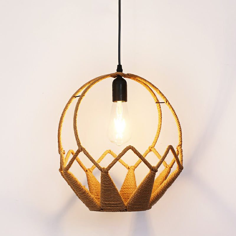 Hemp Rope Caged Hanging Light Rustic 1 Bulb Restaurant Pendant Light Fixture in Brown Brown L Clearhalo 'Ceiling Lights' 'Lighting' 'Pendant Lights' 2227785_b435b0e0-501f-4b69-96b6-07058edfdc1d