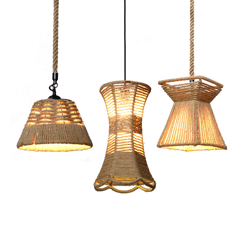 Hemp Rope Caged Hanging Light Rustic 1��Bulb Restaurant Pendant Light Fixture in Brown Clearhalo 'Ceiling Lights' 'Industrial Pendants' 'Industrial' 'Middle Century Pendants' 'Pendant Lights' 'Pendants' 'Tiffany' Lighting' 2227786