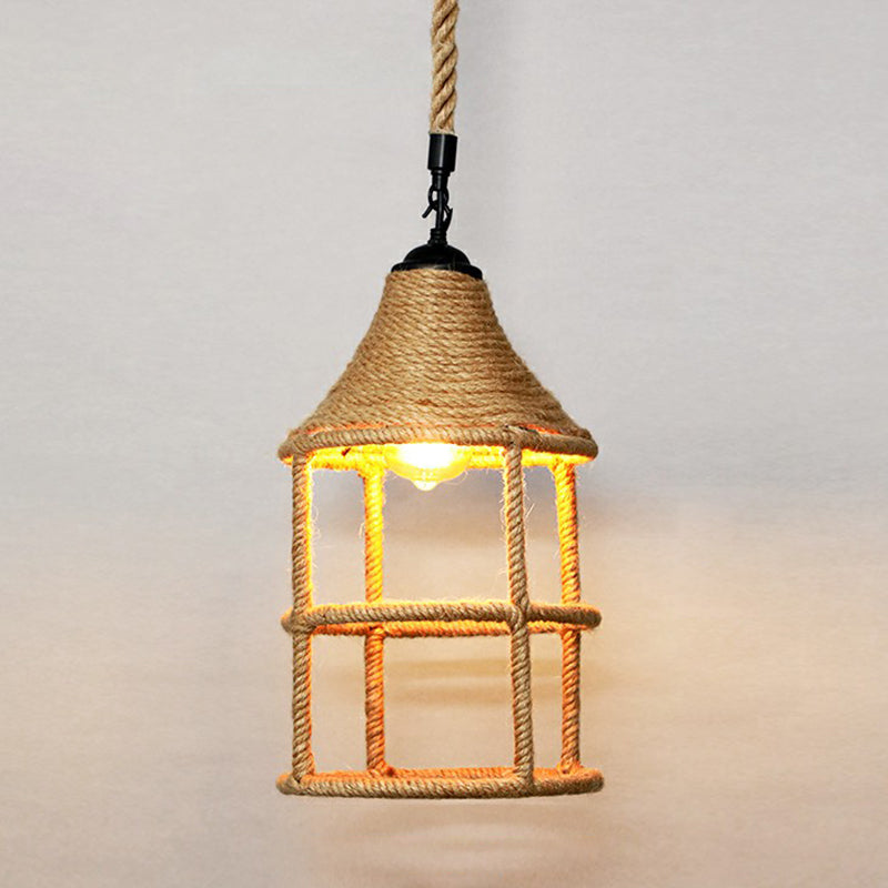 Hemp Rope Caged Hanging Light Rustic 1��Bulb Restaurant Pendant Light Fixture in Brown Brown E Clearhalo 'Ceiling Lights' 'Industrial Pendants' 'Industrial' 'Middle Century Pendants' 'Pendant Lights' 'Pendants' 'Tiffany' Lighting' 2227787