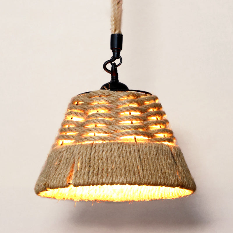 Hemp Rope Caged Hanging Light Rustic 1��Bulb Restaurant Pendant Light Fixture in Brown Brown C Clearhalo 'Ceiling Lights' 'Industrial Pendants' 'Industrial' 'Middle Century Pendants' 'Pendant Lights' 'Pendants' 'Tiffany' Lighting' 2227788
