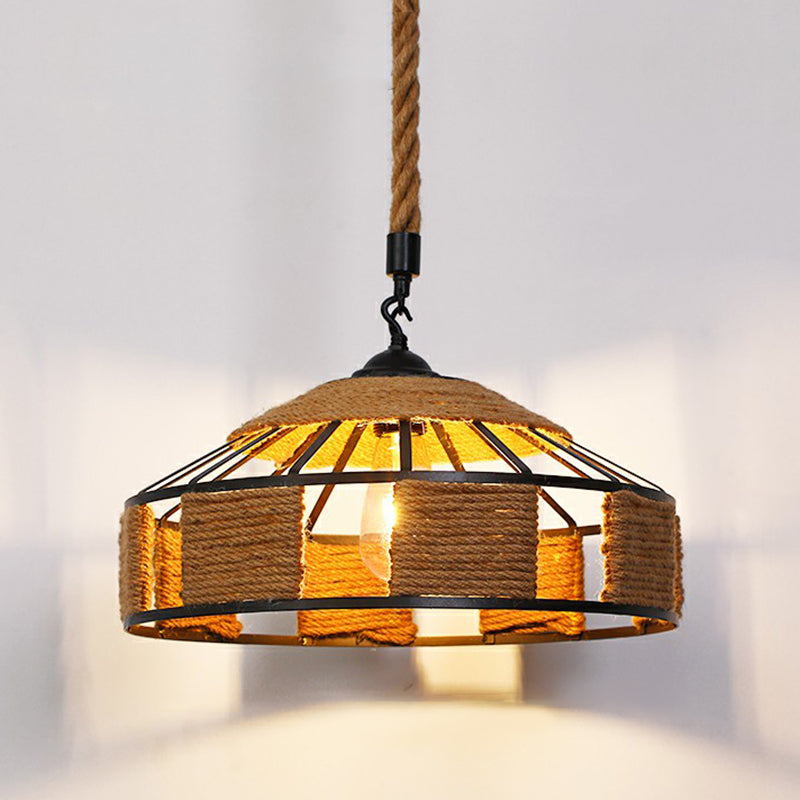 Hemp Rope Caged Hanging Light Rustic 1��Bulb Restaurant Pendant Light Fixture in Brown Brown N Clearhalo 'Ceiling Lights' 'Industrial Pendants' 'Industrial' 'Middle Century Pendants' 'Pendant Lights' 'Pendants' 'Tiffany' Lighting' 2227789