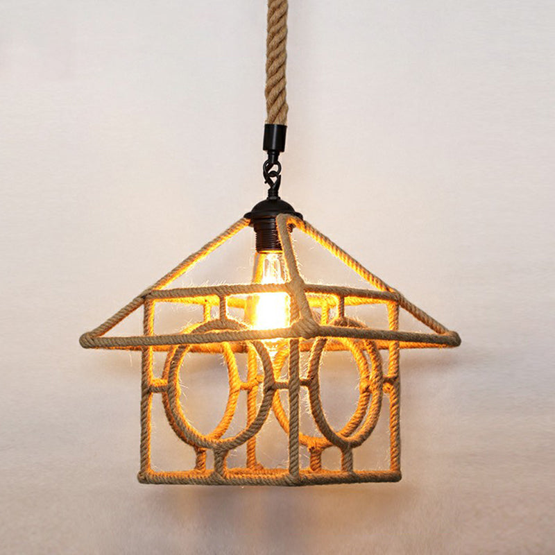 Hemp Rope Caged Hanging Light Rustic 1 Bulb Restaurant Pendant Light Fixture in Brown Brown I Clearhalo 'Ceiling Lights' 'Lighting' 'Pendant Lights' 2227792_6065c27a-0864-46ac-953a-97d7eeb12168