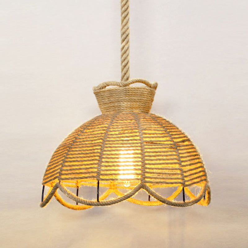 Hemp Rope Caged Hanging Light Rustic 1��Bulb Restaurant Pendant Light Fixture in Brown Brown H Clearhalo 'Ceiling Lights' 'Industrial Pendants' 'Industrial' 'Middle Century Pendants' 'Pendant Lights' 'Pendants' 'Tiffany' Lighting' 2227793