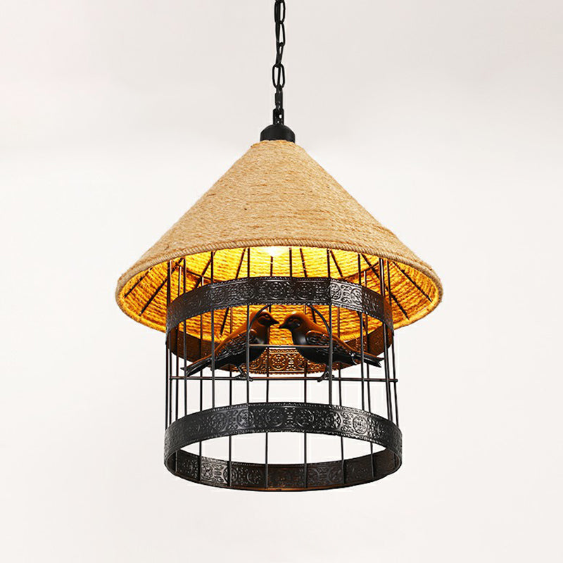 Hemp Rope Caged Hanging Light Rustic 1��Bulb Restaurant Pendant Light Fixture in Brown Brown G Clearhalo 'Ceiling Lights' 'Industrial Pendants' 'Industrial' 'Middle Century Pendants' 'Pendant Lights' 'Pendants' 'Tiffany' Lighting' 2227795