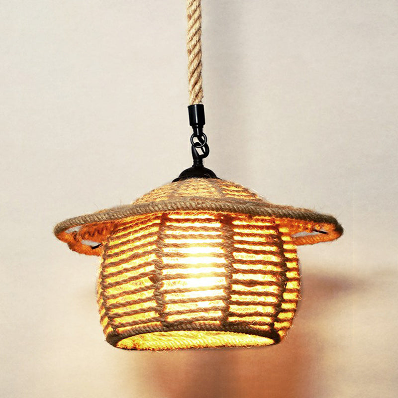 Hemp Rope Caged Hanging Light Rustic 1 Bulb Restaurant Pendant Light Fixture in Brown Brown F Clearhalo 'Ceiling Lights' 'Lighting' 'Pendant Lights' 2227797_9ac97b6a-383c-4118-9826-fa4310ccf809
