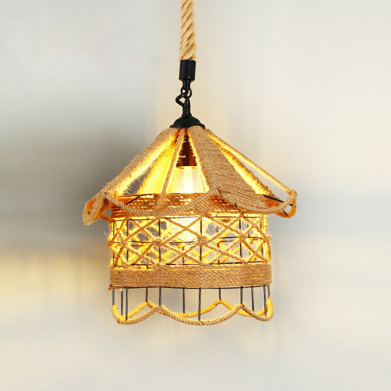 Hemp Rope Caged Hanging Light Rustic 1��Bulb Restaurant Pendant Light Fixture in Brown Brown M Clearhalo 'Ceiling Lights' 'Industrial Pendants' 'Industrial' 'Middle Century Pendants' 'Pendant Lights' 'Pendants' 'Tiffany' Lighting' 2227798