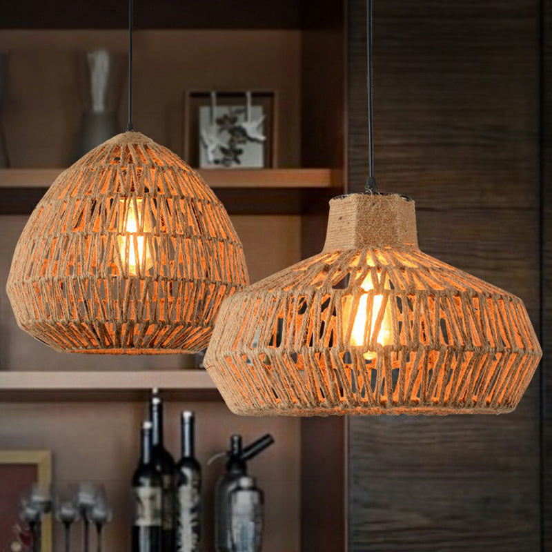 Vintage Style Caged Hanging Light Single-Bulb Hemp Rope Lighting Pendant in Brown Clearhalo 'Ceiling Lights' 'Industrial Pendants' 'Industrial' 'Middle Century Pendants' 'Pendant Lights' 'Pendants' 'Tiffany' Lighting' 2227804