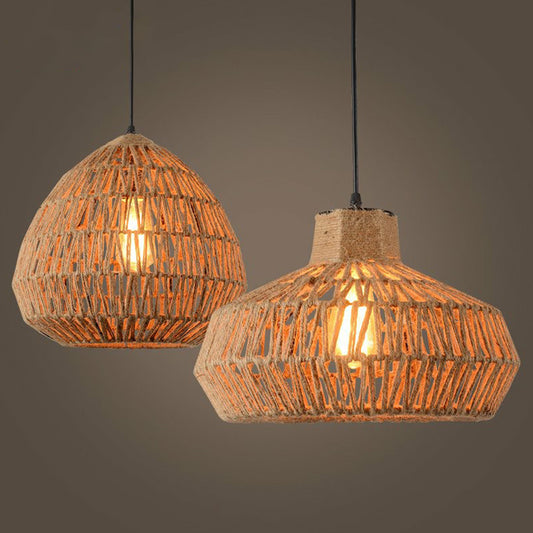 Vintage Style Caged Hanging Light Single-Bulb Hemp Rope Lighting Pendant in Brown Clearhalo 'Ceiling Lights' 'Industrial Pendants' 'Industrial' 'Middle Century Pendants' 'Pendant Lights' 'Pendants' 'Tiffany' Lighting' 2227806