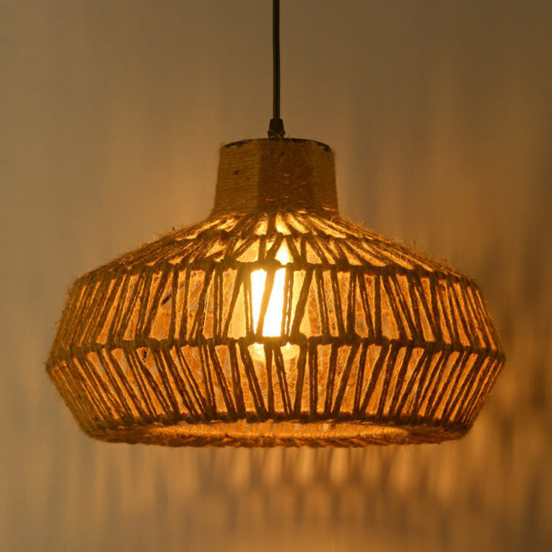 Vintage Style Caged Hanging Light Single-Bulb Hemp Rope Lighting Pendant in Brown Clearhalo 'Ceiling Lights' 'Industrial Pendants' 'Industrial' 'Middle Century Pendants' 'Pendant Lights' 'Pendants' 'Tiffany' Lighting' 2227807