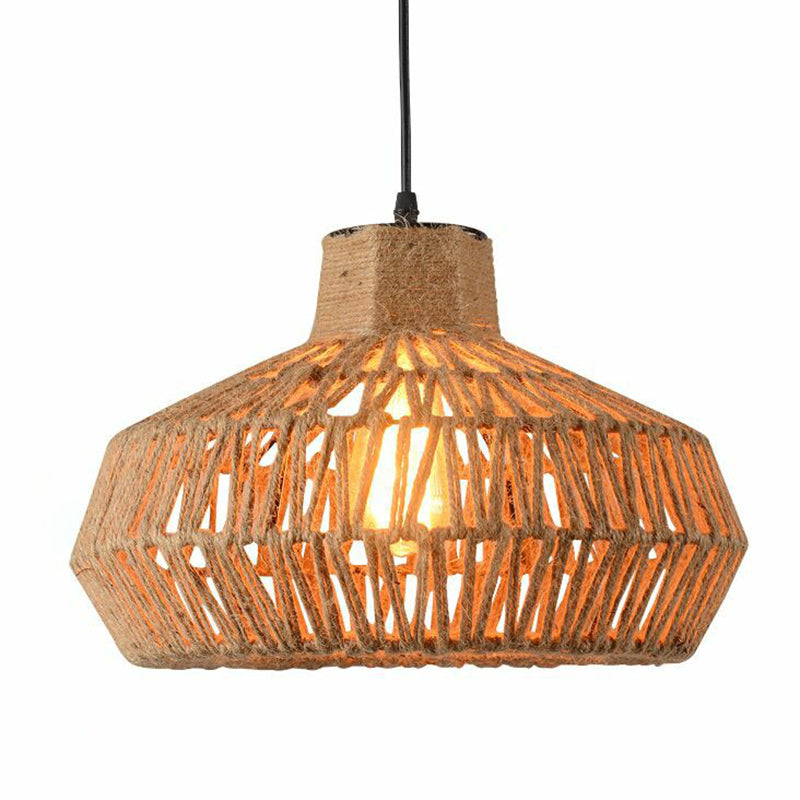 Vintage Style Caged Hanging Light Single-Bulb Hemp Rope Lighting Pendant in Brown Brown B Clearhalo 'Ceiling Lights' 'Industrial Pendants' 'Industrial' 'Middle Century Pendants' 'Pendant Lights' 'Pendants' 'Tiffany' Lighting' 2227809
