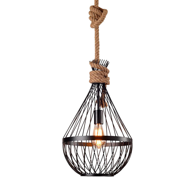 Pear-Shaped Iron Suspension Lighting Retro 1��Head Restaurant Pendant Ceiling Light with Hemp Rope in Black Clearhalo 'Ceiling Lights' 'Industrial Pendants' 'Industrial' 'Middle Century Pendants' 'Pendant Lights' 'Pendants' 'Tiffany' Lighting' 2227812_f27ddee0-e570-48b8-b586-d9dd7439413a