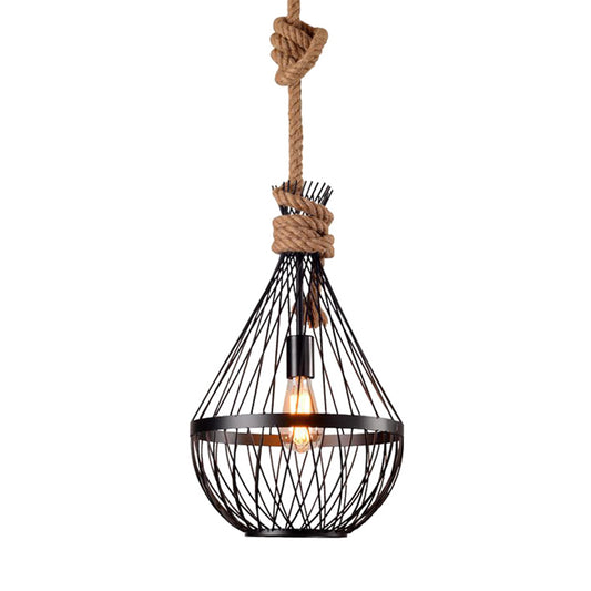 Pear-Shaped Iron Suspension Lighting Retro 1��Head Restaurant Pendant Ceiling Light with Hemp Rope in Black - Clearhalo - 'Ceiling Lights' - 'Industrial Pendants' - 'Industrial' - 'Middle Century Pendants' - 'Pendant Lights' - 'Pendants' - 'Tiffany' - Lighting' - 2227812_f27ddee0-e570-48b8-b586-d9dd7439413a