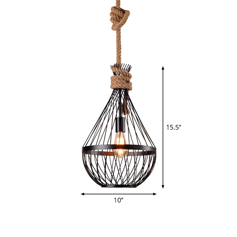 Pear-Shaped Iron Suspension Lighting Retro 1��Head Restaurant Pendant Ceiling Light with Hemp Rope in Black Clearhalo 'Ceiling Lights' 'Industrial Pendants' 'Industrial' 'Middle Century Pendants' 'Pendant Lights' 'Pendants' 'Tiffany' Lighting' 2227813