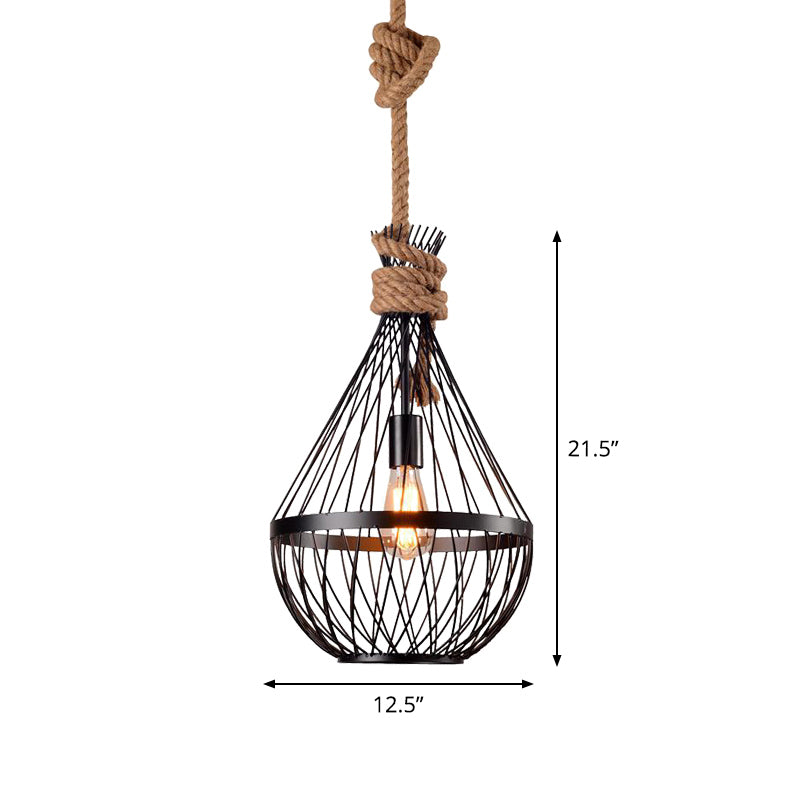 Pear-Shaped Iron Suspension Lighting Retro 1��Head Restaurant Pendant Ceiling Light with Hemp Rope in Black Clearhalo 'Ceiling Lights' 'Industrial Pendants' 'Industrial' 'Middle Century Pendants' 'Pendant Lights' 'Pendants' 'Tiffany' Lighting' 2227814_fb5dbcc2-670c-4756-9492-8d069c23b081
