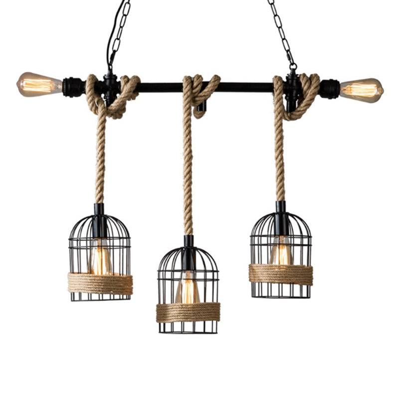 Birdcage Iron Pendant Light Antique Restaurant Hanging Light with Dangling Rope in Black Clearhalo 'Art Deco Pendants' 'Black' 'Cast Iron' 'Ceiling Lights' 'Ceramic' 'Crystal' 'Industrial Pendants' 'Industrial' 'Metal' 'Middle Century Pendants' 'Pendant Lights' 'Pendants' 'Rustic Pendants' 'Tiffany' Lighting' 2227821