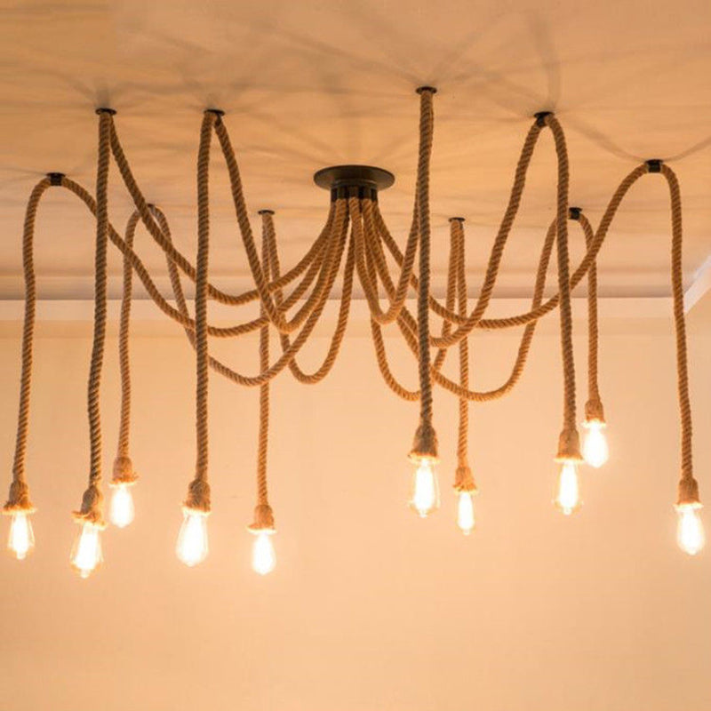 Hemp Rope Spider Suspension Light Rustic Restaurant Chandelier Lighting in Flaxen 10 Flaxen Clearhalo 'Ceiling Lights' 'Industrial Pendants' 'Industrial' 'Middle Century Pendants' 'Pendant Lights' 'Pendants' 'Tiffany' Lighting' 2227831
