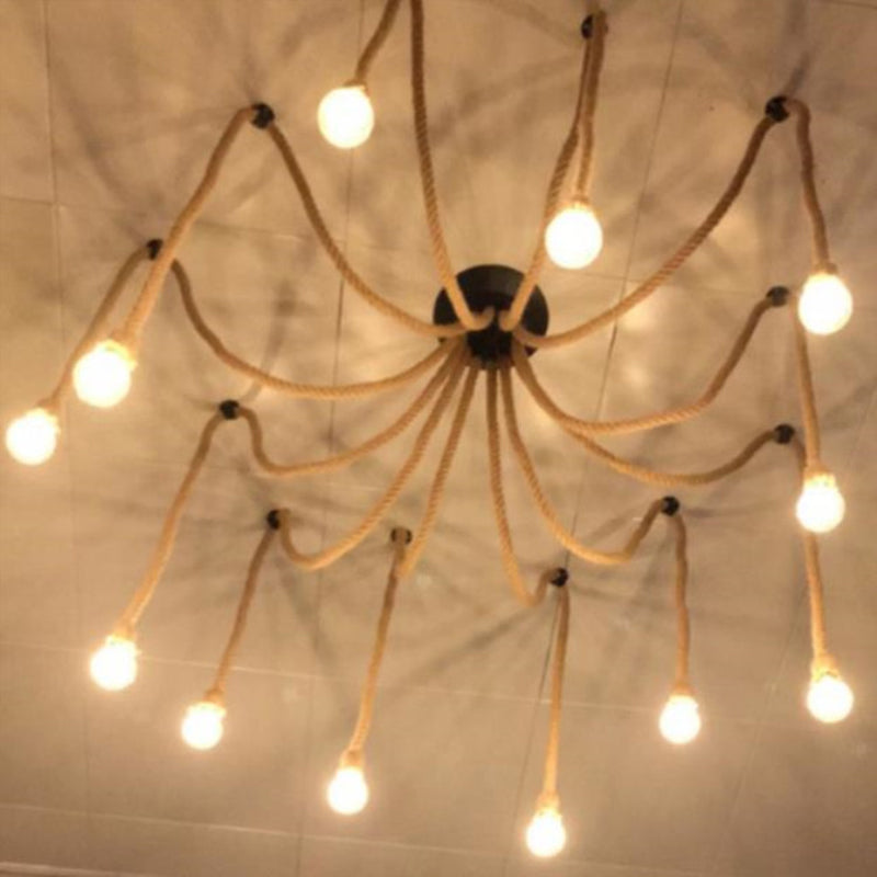 Hemp Rope Spider Suspension Light Rustic Restaurant Chandelier Lighting in Flaxen 12 Flaxen Clearhalo 'Ceiling Lights' 'Industrial Pendants' 'Industrial' 'Middle Century Pendants' 'Pendant Lights' 'Pendants' 'Tiffany' Lighting' 2227832