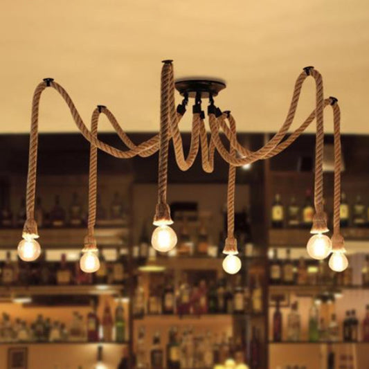 Hennep touw Spider Suspensie Licht Rustiek restaurant Kroonluchter verlichting in vlas