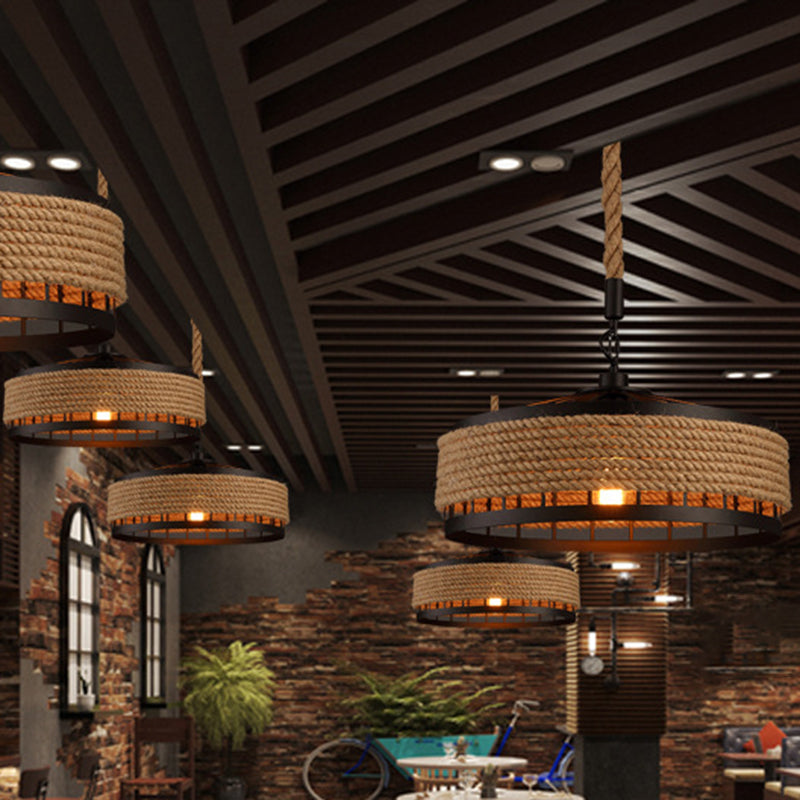 Hemp Rope Yurt Hanging Light Rustic 1 Bulb Restaurant Pendant Light Fixture in Black Clearhalo 'Ceiling Lights' 'Industrial Pendants' 'Industrial' 'Middle Century Pendants' 'Pendant Lights' 'Pendants' 'Tiffany' Lighting' 2227836_9bdc8558-cd43-48f4-80e6-7cdc399dae20
